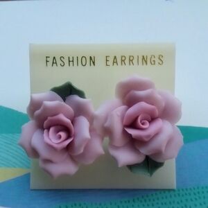 Vintage Earrings Pierced Porcelain Figural Rose Flower